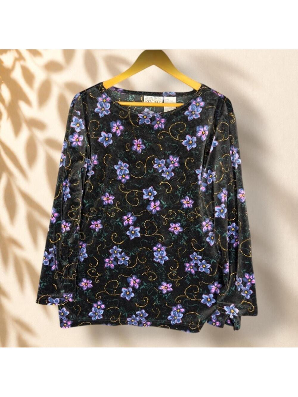 Jaclyn Smith Blouse Women L Large Black Floral Long Sleeve Velvet Round Neck